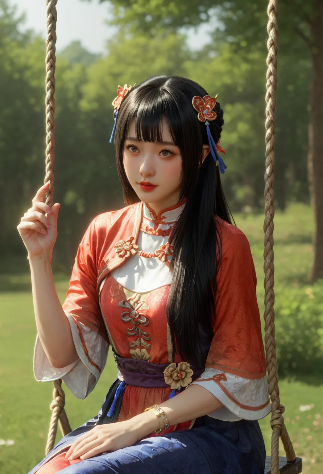 score_9, score_8_up, score_7_up, She sits on a swing, gently swaying back and forth with a serene expression., <lora:Daqiao_Dynasty_Warriors:0.8> 1girl, solo, black hair, long hair, hair ornament, chinese clothes, jewelry, bracelet, half body shot, looking at viewer