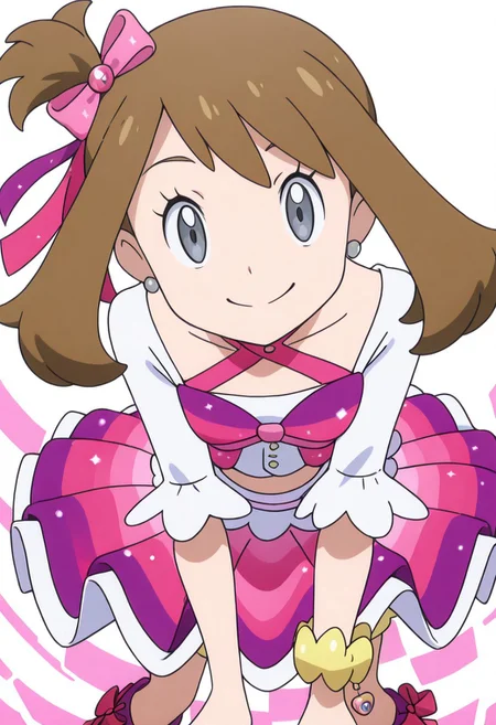 masterpiece, best quality, solo, curvy, beautiful eyes, girl, solo, smile, looking at viewer, dynamic pose, from below, (fisheye), foreshortening, close up, (leaning forward, eye focus, anime screenshot,
(upper body), white background,
zzMayIdol, grey eyes, brown hair, medium hair, one side up, hair ribbon, skirt, bow, ribbon, jewelry, hair bow, boots, bracelet, cosplay, idol,