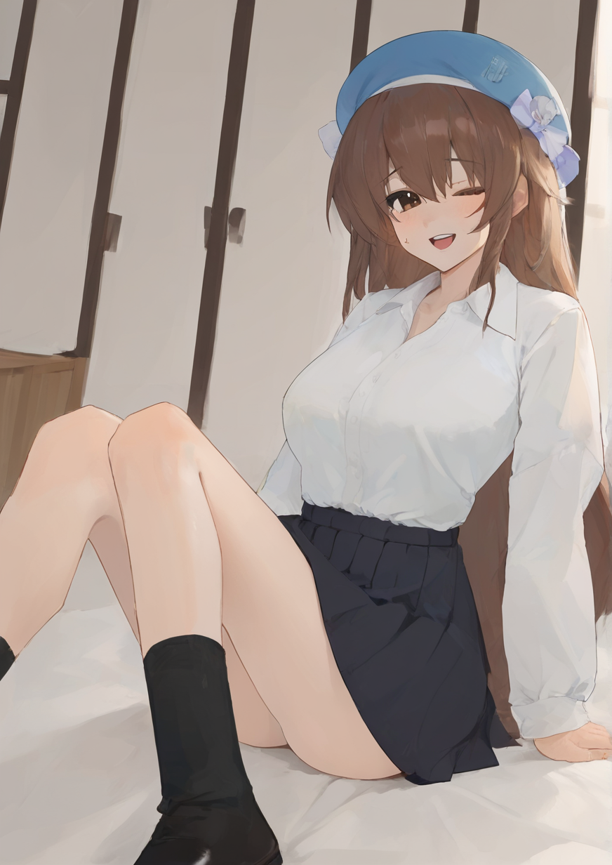1girl, mika (girls und panzer), huge breast, backlighting, black skirt, black socks, blue headwear, blue shirt, brown eyes, brown hair, clothes lift, day, dress shirt, dutch angle, half-closed eye, hat, indoors, keizoku school uniform, legs, lifted by self, long hair, long sleeves, looking at viewer, lying, miniskirt, on back, one eye closed, open mouth, pillow, school uniform, shirt, skirt, skirt lift, sliding doors, smile, socks, solo, striped, striped shirt, sweatdrop, tatami, tulip hat, vertical-striped shirt, vertical stripes, white shirt, zPDXL3<lora:KwakKwak0729:1>