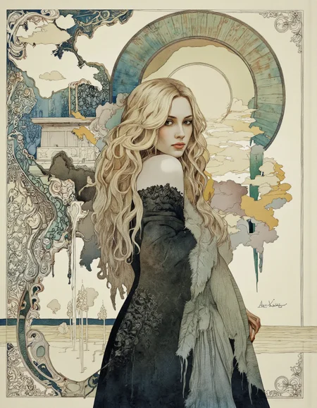 Art by Akiya Kageichi.
A shoot from a portrait camera angle about a portrait of a woman with long, flowing hair, set against a soft, pastel-colored background with a decorative, circular design in the background. the image also shows intricate, ornate patterns and a dreamy, ethereal atmosphere. on the middle of the image, a woman appears to be in her mid-twenties, with light skin and long, wavy blonde hair. she is facing the viewer, looking to the side with a serious expression. her hair is styled in a way that frames her face, and she is wearing a dark, lace-trimmed dress with a fur shawl draped over her shoulders. the woman's hair is parted in the middle, and her lips are closed, giving her a serene and contemplative look. the background is a soft beige color with a circular, abstract pattern in shades of blue, green, and yellow, adding to the dreamy and ethereal quality of the artwork. the artist's signature is visible in the bottom right corner, adding a personal touch to the image.