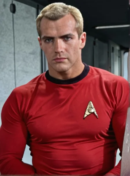 1boy, 20 year old male, Handsome, masculine, blonde, star trek, red shirt, muscle, tall, tight shirt, wide pectorals, big shoulders, wide shoulders, muscular neck, German, stunf, star trek uniform,