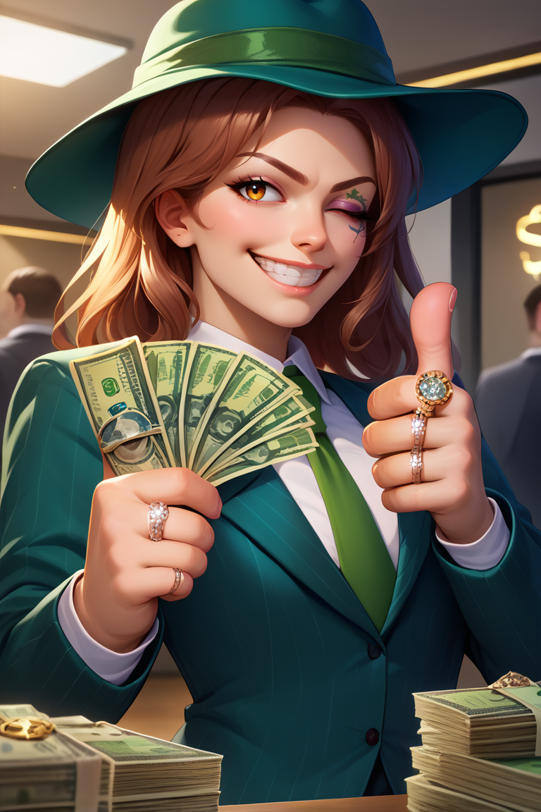 score_9, score_8_up, score_7_up, BREAK,  <lora:gangstersb-guy-PONYv1:1>, gangstersb, thumbs up, one eye closed, grin, smile, money, holding money, portrait, cropped torso, ring, formal, hat, necktie, suit, striped, solo,  <lora:Melina_XLPD:0.9> IncrsMelina, 1girl, solo,