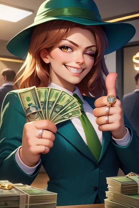 score_9, score_8_up, score_7_up, BREAK,  <lora:gangstersb-guy-PONYv1:1>, gangstersb, thumbs up, one eye closed, grin, smile, money, holding money, portrait, cropped torso, ring, formal, hat, necktie, suit, striped, solo,  <lora:Melina_XLPD:0.9> IncrsMelina, 1girl, solo,