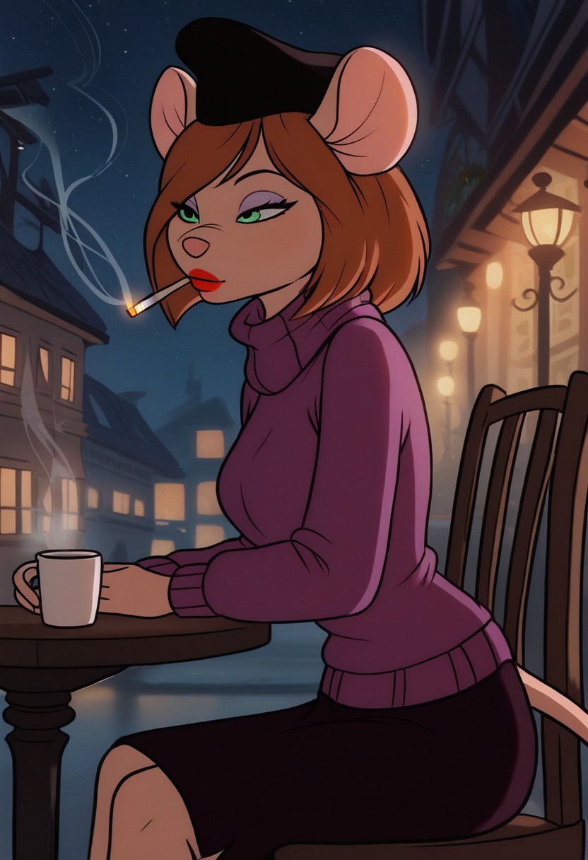score_9, score_8_up, score_7_up, ultra quality
outdoors, Paris city, night, ffltwr_far
1girl, desiree d'allure, anthro, furry, mouse, mouse ears, mouse tail, red lips, light purple eyeshadow, brown hair, short bob cut, side-swept bangs, aqua eyes
black hat, purple sweater, turtleneck sweater, long sleeves, dark purple skirt, break
cafe, sitting on chair at the table, 3/4 side view, pleasured, smoking cigarette, coffee cup in hand