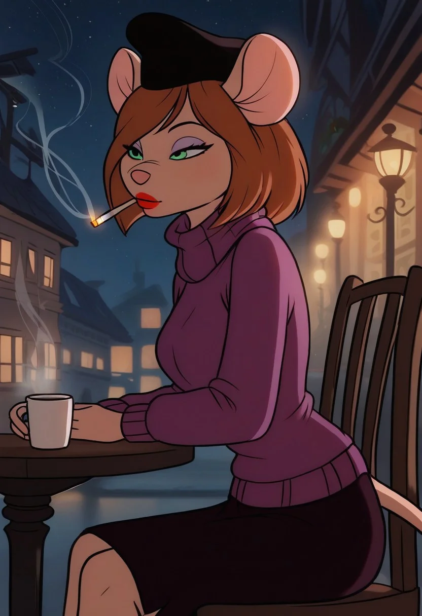 score_9, score_8_up, score_7_up, ultra quality
outdoors, Paris city, night, ffltwr_far
1girl, desiree d'allure, anthro, furry, mouse, mouse ears, mouse tail, red lips, light purple eyeshadow, brown hair, short bob cut, side-swept bangs, aqua eyes
black hat, purple sweater, turtleneck sweater, long sleeves, dark purple skirt, break
cafe, sitting on chair at the table, 3/4 side view, pleasured, smoking cigarette, coffee cup in hand