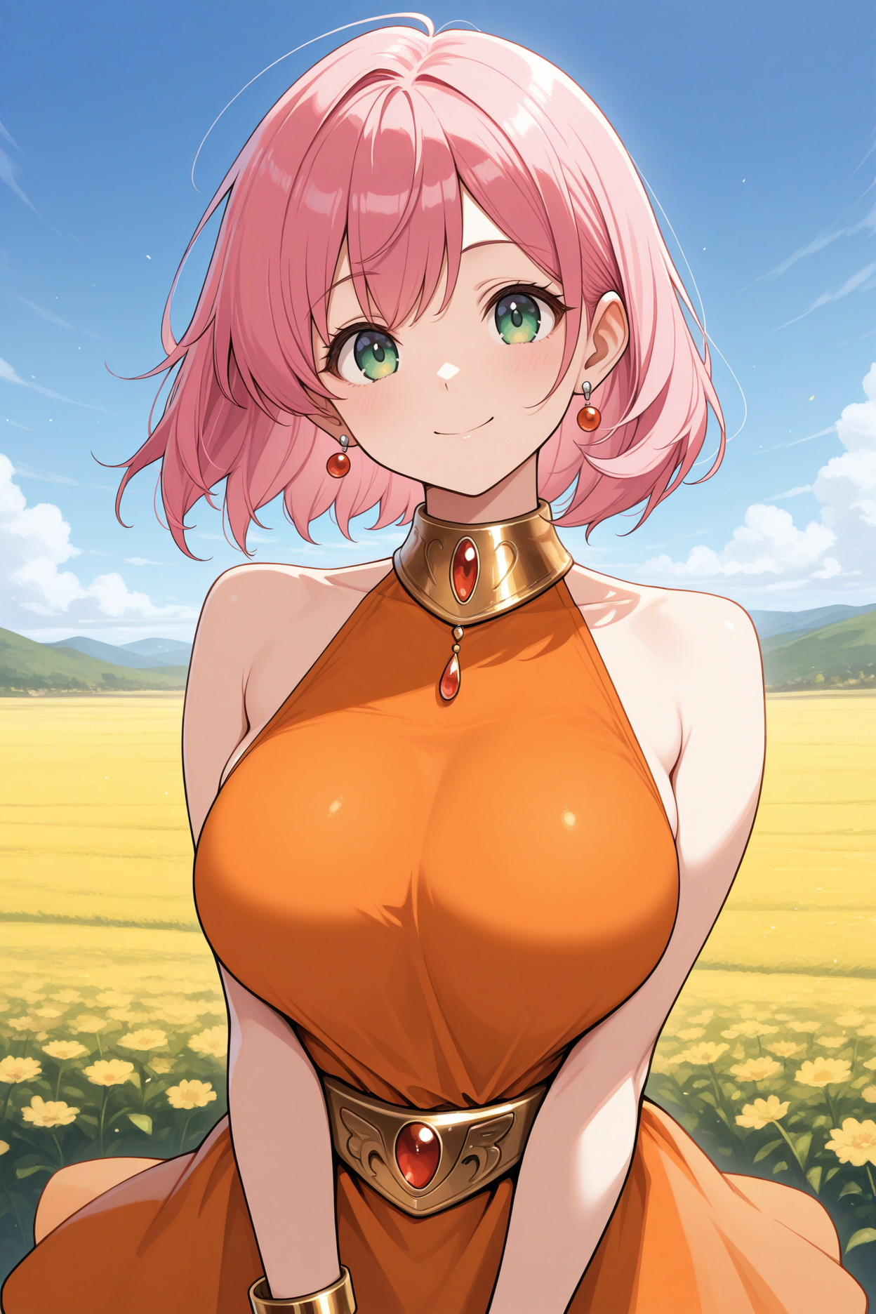 masterpiece, best quality, 1girl, solo  <lora:fflenna-illu-nvwls-v1-000006:1> lennact, pink hair, medium hair, green eyes, earrings, gold collar, orange dress, sleeveless dress, short dress, gold belt, gold bracelet, upper body, happy, looking at viewer, blue sky, field, large breasts