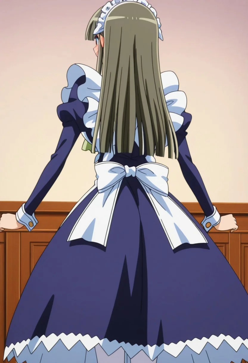 official art, detailed anime, finetuneanime,anime screencap, ultra detailed anime art, anime screencap, screencap, score_9, score_8_up, score_7_up, masterpiece, anime coloring, source_anime, Fubuki Maid, 1girl, solo, maid, maid headdress, blue eyes, blush, maid, green ascot, jewelry tie, sidelocks, long hair, large breast, curvy, large hips, pantyhose, shoes, cinnamon gray hair, sidelocks apron, blue dress, white pantyhose, blunt bangs, white patent cuffs, long sleeves, frills, juliet sleeves, maid apron, mary janes, very long hair, puffy sleeves, hair over eyes
BREAK
fullbody shot, side view, ass, back, angry, anger, open mouth, very angry, standing, stand up, dynamic pose,