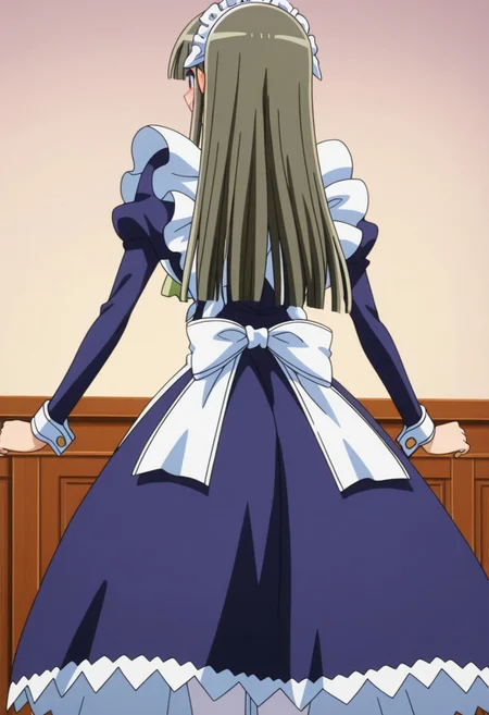 official art, detailed anime, finetuneanime,anime screencap, ultra detailed anime art, anime screencap, screencap, score_9, score_8_up, score_7_up, masterpiece, anime coloring, source_anime, Fubuki Maid, 1girl, solo, maid, maid headdress, blue eyes, blush, maid, green ascot, jewelry tie, sidelocks, long hair, large breast, curvy, large hips, pantyhose, shoes, cinnamon gray hair, sidelocks apron, blue dress, white pantyhose, blunt bangs, white patent cuffs, long sleeves, frills, juliet sleeves, maid apron, mary janes, very long hair, puffy sleeves, hair over eyes
BREAK
fullbody shot, side view, ass, back, angry, anger, open mouth, very angry, standing, stand up, dynamic pose,