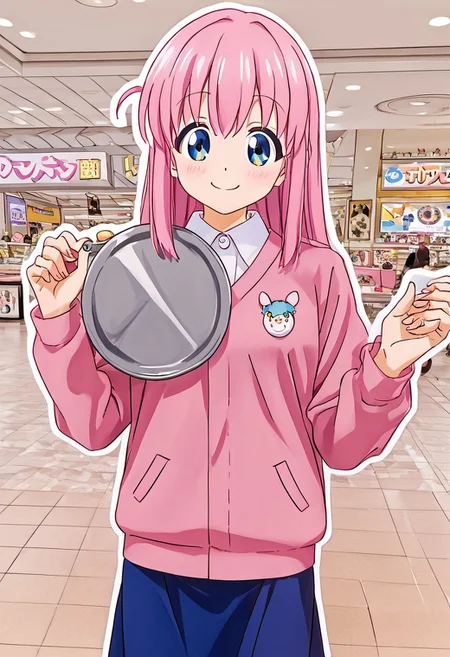 1girl, (cute, adorable, kawaii), gotoh hitori, pink jacket, white shirt, blue skirt, masterpiece, source_anime, cardboard_cutout, white_outline, standee, photo, photo_background,, holding_tray,, mall,, cafe,