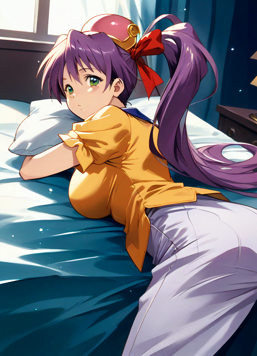 score_9, score_8_up, score_7_up, masterpiece, best quality, very aesthetic, absurdres, official art, official style, (anime screencap, megami magazine:1.3), zPDXL2, zPDXLxxx, 1980s \(style\), retro artstyle, <lora:plasticnovel-sdxl-pd6:0.7> <lora:kaiga style pony v1_epoch_10:0.9>, kaiga_style <lora:reco.pony:1>, 1girl, solo focus, reco, def, large breasts, BREAK, 4fingers, 1thumb, <lora:neg4all_bdsqlsz_xl_V91:1.0> <lora:ALTXL_pony_0061_8:2.0>, <lora:Difference_SaturationEbaraPonyCoolTemperatureV2_1e04:1.0>, looking at viewer, cowboy shot, (from side:1.3), looking at viewer, dutch angle, bedroom, on bed, bed sheet, pillow, morning, dim lighting, light particles, (on stomach:1.2), (from behind:1.2)