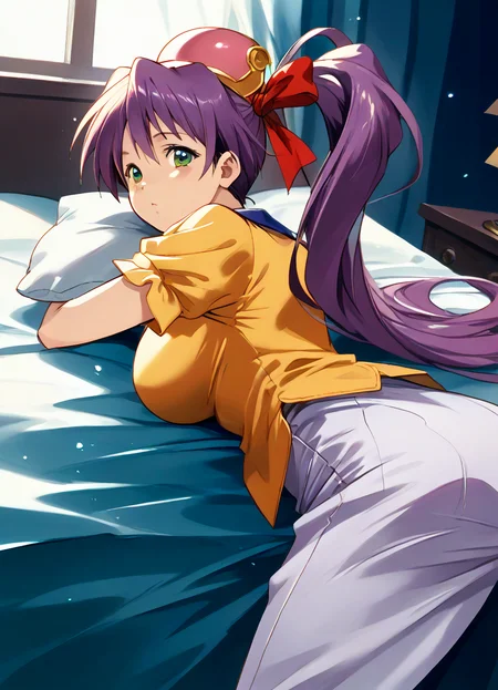 score_9, score_8_up, score_7_up, masterpiece, best quality, very aesthetic, absurdres, official art, official style, (anime screencap, megami magazine:1.3), zPDXL2, zPDXLxxx, 1980s \(style\), retro artstyle, <lora:plasticnovel-sdxl-pd6:0.7> <lora:kaiga style pony v1_epoch_10:0.9>, kaiga_style <lora:reco.pony:1>, 1girl, solo focus, reco, def, large breasts, BREAK, 4fingers, 1thumb, <lora:neg4all_bdsqlsz_xl_V91:1.0> <lora:ALTXL_pony_0061_8:2.0>, <lora:Difference_SaturationEbaraPonyCoolTemperatureV2_1e04:1.0>, looking at viewer, cowboy shot, (from side:1.3), looking at viewer, dutch angle, bedroom, on bed, bed sheet, pillow, morning, dim lighting, light particles, (on stomach:1.2), (from behind:1.2)