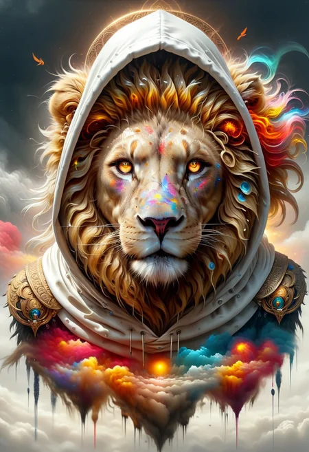 mixed abstract elements. bright, atmospheric atmosphere. Glitch art background. metallic textures. Contrast with gold, white and a hint of red. Smeared paint and scratches. Artwork. female person and a lion. female person covered by a hood. Mystery and isolation. Hood is white, with complex patterns. foggy background. sun visible. Birds in the distance. At the center of the artwork is a large, detailed image of a lion. photorealistic style, feeling of depth and realism. harmonious and loving atmosphere. Elements of nature and love with a touch of surrealism
perfection style, vivid colors, colorful, dvr-hgh-fnt, art by mooncryptowow