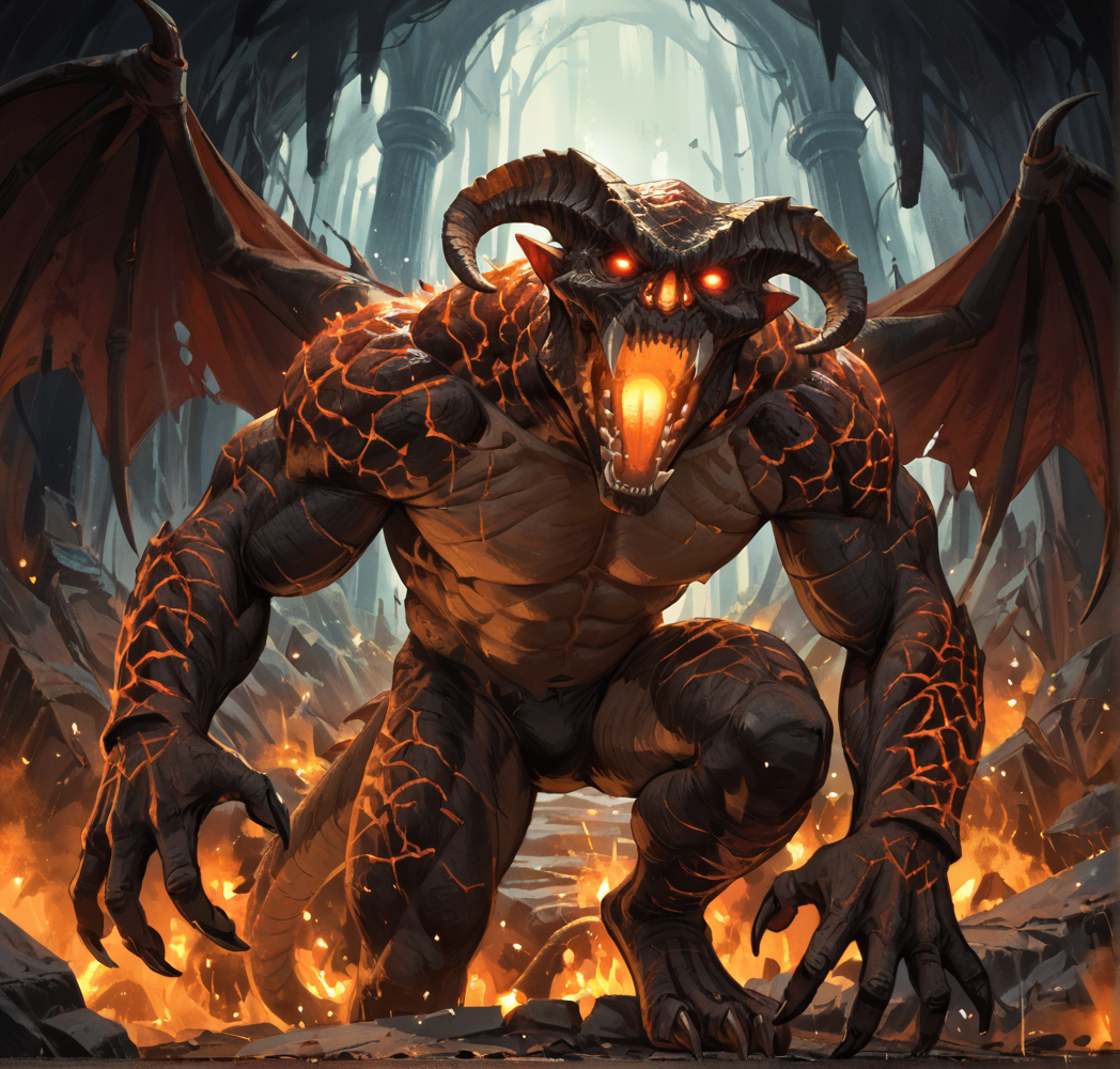 safe_pos, score_9_up,score_8_up,score_7_up,score_6_up,score_5_up,score_4_up, masterpiece, high quality, digital painting, source_monster,  zPDXL3, BREAK,
cave, underground, lair, blurry background, roar, (((close up))), ((portrait)), 
balr0g, demon, monster, creature, fire, brimstone, scales, cracked skin, muscular, pectorals, abs, glowing eyes, orange eyes, no pupils, horns,
wings, demon wings, claws, tail, digitigrade, four fingers, two toes, glowing nostrils, sharp teeth, glowing,
<lora:Balrog for PonyXL v2:0.75>, <lora:AdvancedEnhancerXLv2:4>