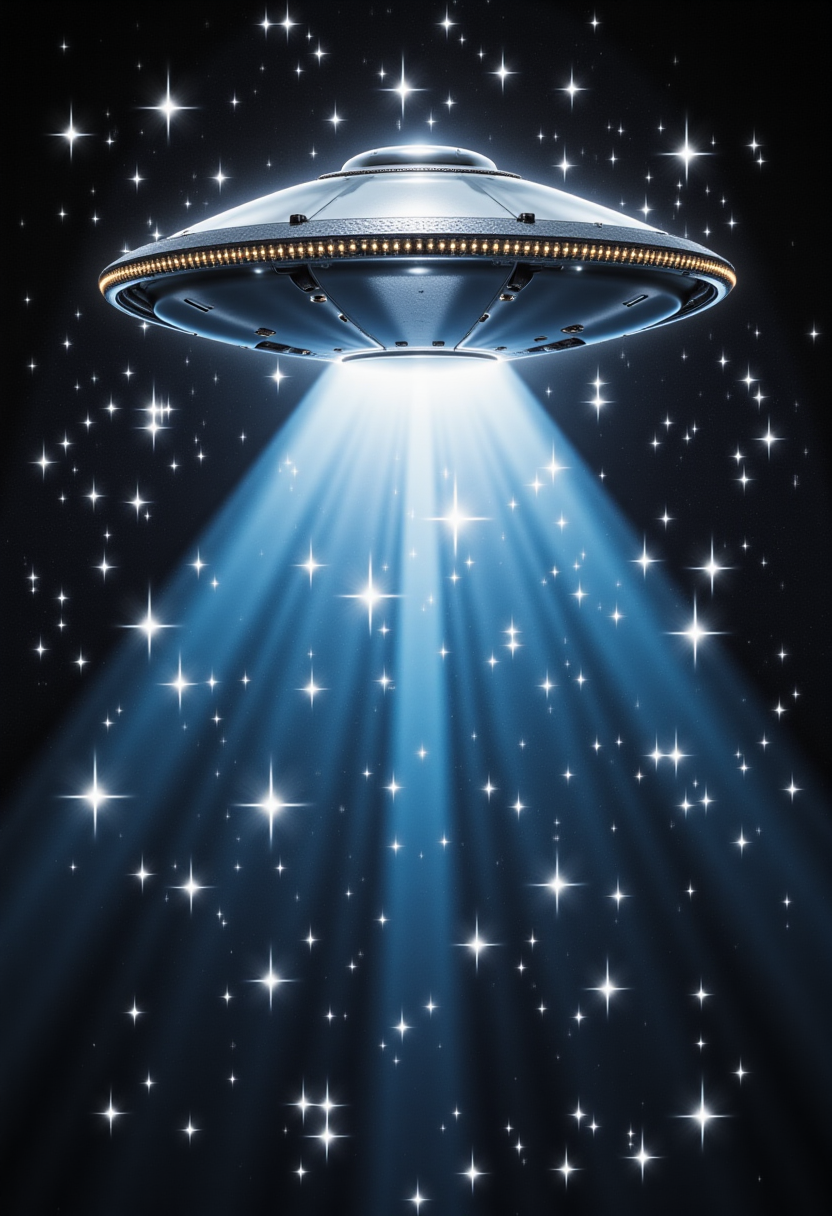 a UFO in the night sky surrounded by sparkling effect