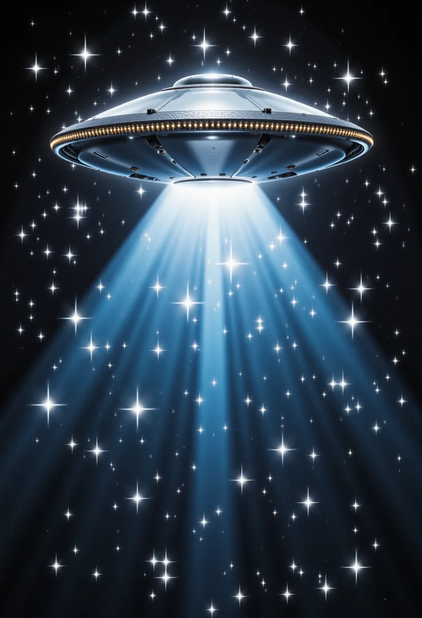 a UFO in the night sky surrounded by sparkling effect