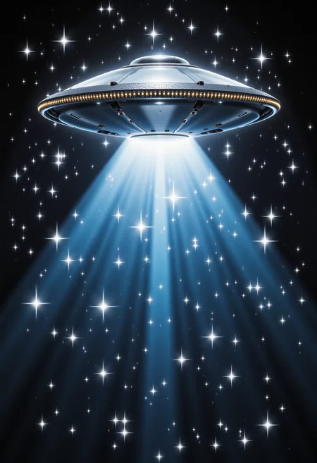 a UFO in the night sky surrounded by sparkling effect