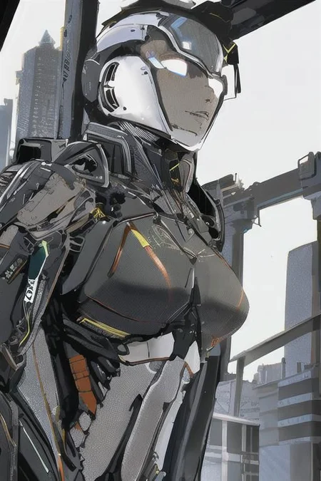 upper body, 1girl, gorgeous woman, black hard surface mech, ex-suit mech, short hair, black ex-suit mech, upper body, mechanized girl, tree, city street,