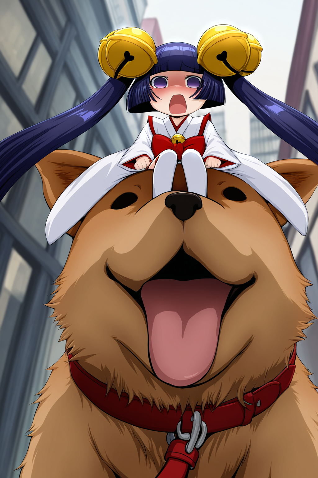 <lora:sumomo_kotoko_illustrious_xl_v2:1>, kotoko, 1girl, hair bell, very long hair, twintails, purple hair, purple eyes, no pupils,
white kimono, white thighhighs, wide sleeves,
sitting on animal, collar, holding leash, dog, chihuahua, brown fur, scared, floating hair, building, open mouth,
takeda yukimura, masterpiece, best quality, newest, absurdres, highres