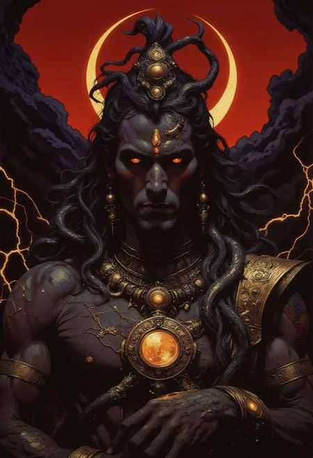 ("Highly detailed", hyper-realistic, dramatic, high fantasy digital art) of a man inspired by Shiva’s human form. His ashen blue skin glows with divine energy, his chiseled features sharp under the soft moonlight. Long, wild dreadlocks cascade over his shoulders, adorned with glowing rudraksha beads. A crescent moon symbol gleams on his forehead, with faint glowing markings and a third eye mark above his brow. His piercing amber eyes burn with ancient wisdom and power. A serpent coils around his chest, and his body is marked with ash-like tattoos. The background is a deep crimson sky with dark, shifting clouds, illuminated by golden light. Energy crackles around him, exuding mysticism and strength, with dynamic contrasts of light and shadow creating an intense, hypnotic aura.