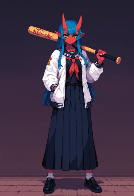 pixel art, 1girl, horns, solo, hand in pocket, pointy ears, green eyes, delinquent, long hair, oni, red neckerchief, blue hair, black skirt, shoes, looking at viewer, black footwear, holding baseball bat, black serafuku, pleated skirt, socks, full body, standing, sailor collar, colored sclera, white jacket, black shirt, long skirt, open jacket, weapon,
masterpiece, best quality, very awa, absurdres
<lora:noobai_epred_11_pixel_art_v1:1>