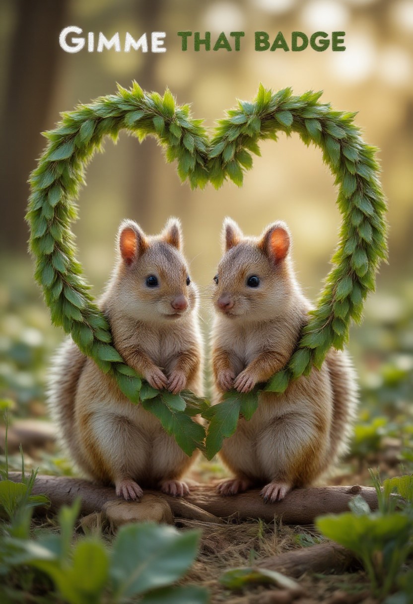 smolcute, tiny, green natural text above the image that says: "GIMME THAT BADGE". under a heart-shaped heart made of leaves there are two squirrels in the forest close to each other, professional photo, blurry soft background
