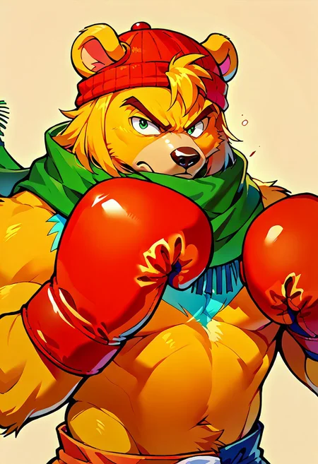 score_9, score_8, score_7, score_6, 1man, solo, furry, anthro, anthro bear, source_cartoon, Bark the bear, green scarf, orange beanie, furry male, simple background, gloves, upper body, fighting stance, portrait, looking at viewer, (boxing gloves),