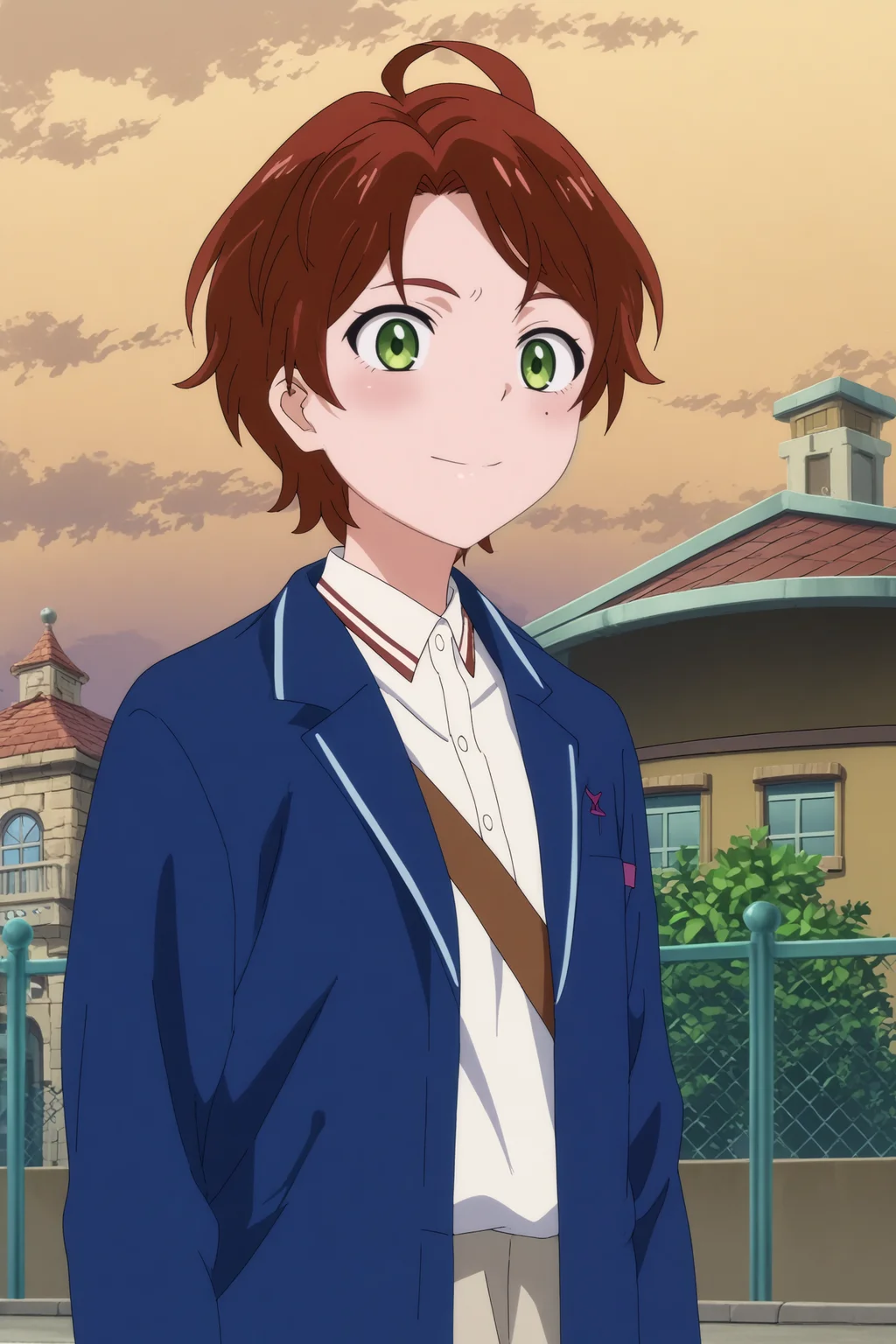 score_9, score_8_up, score_7_up, source_anime,anime screencap, screencap,(contrast:0.6), dark light,vibrance,bright colors,anime coloring,light reflections, glossy skin, shiny skin, megami magazine BREAK sawaki momoe,1girl,solo,short hair,ahoge,brown hair,blue jacket,school uniform,mole under eye,mole,shirt,white shirt,collared shirt,smile,upper body outdoors,orange sky,road,city_lights <lora:Sawaki_Momoe_-_Wonder_Egg_Priority.safetensors:0.8> <lora:detailed_backgrounds_v2.safetensors:0.5>
