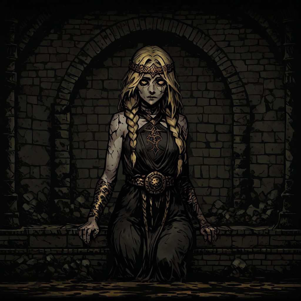 masterpiece, best quality, newest, absurdres, highres,  
DDWarrens-BGV1.0, dark, scenery, indoors, 
DDstyle, official style,
black eyes, shaded eyes,
1girl, queen marika the eternal \(elden ring\), bare shoulders, black dress, circlet, gold circlet, cracked skin, halter dress, halterneck, long hair, yellow eyes, braid, braided hair, long braid, blonde, blonde hair,