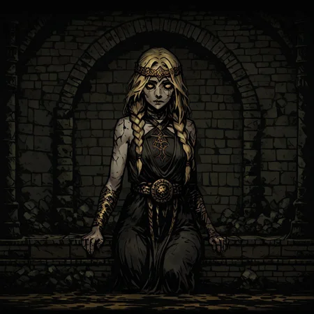 masterpiece, best quality, newest, absurdres, highres,
DDWarrens-BGV1.0, dark, scenery, indoors,
DDstyle, official style,
black eyes, shaded eyes,
1girl, queen marika the eternal \(elden ring\), bare shoulders, black dress, circlet, gold circlet, cracked skin, halter dress, halterneck, long hair, yellow eyes, braid, braided hair, long braid, blonde, blonde hair,