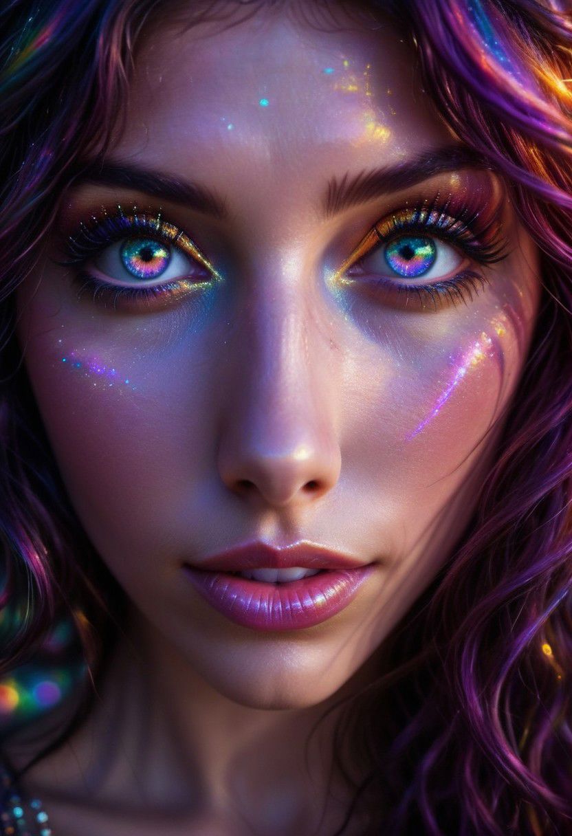 happiness, photo refractograph intergalactical magic biopunk empress, deep Rainbowiridal eyes, wavy, an emotional woman with deep bright Rainbowiridal eyes,