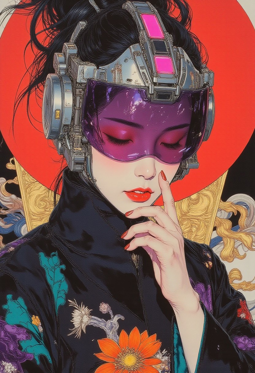 (pingtu style, illustration-fen, Highly detailed, hyper-realistic, high-definition, 8k, crisp, fine details, intricate detailing, sharp focus, precise rendering, perfectly proportioned, flawless rendering, smooth digital finish) Highly detailed vibrant digital artwork depicting a woman with a futuristic cyberpunk aesthetic; her head is adorned with a sleek metallic violet and silver helmet featuring integrated wires and glowing magenta lights; her skin is warm beige, and her eyes are closed with a serene, peaceful expression; her hair is styled in an intricate updo with loose shimmering aqua strands framing her face; she wears an elaborate traditional kimono primarily black with intricate emerald green and deep violet patterns; the kimono is adorned with vivid orange and yellow flowers, providing a bold contrast against the dark tones; her right hand is delicately raised to her chin with fingers elegantly posed, showcasing nails painted in shimmering bronze; the background radiates a deep crimson color filled with abstract geometric shapes and patterns in gold, emerald, and indigo, creating a dynamic and futuristic atmosphere; blending traditional Japanese artistry with contemporary digital techniques, resulting in a visually rich, striking piece combining cultural heritage and advanced technology.