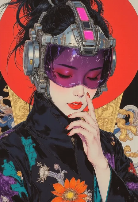 (pingtu style, illustration-fen, Highly detailed, hyper-realistic, high-definition, 8k, crisp, fine details, intricate detailing, sharp focus, precise rendering, perfectly proportioned, flawless rendering, smooth digital finish) Highly detailed vibrant digital artwork depicting a woman with a futuristic cyberpunk aesthetic; her head is adorned with a sleek metallic violet and silver helmet featuring integrated wires and glowing magenta lights; her skin is warm beige, and her eyes are closed with a serene, peaceful expression; her hair is styled in an intricate updo with loose shimmering aqua strands framing her face; she wears an elaborate traditional kimono primarily black with intricate emerald green and deep violet patterns; the kimono is adorned with vivid orange and yellow flowers, providing a bold contrast against the dark tones; her right hand is delicately raised to her chin with fingers elegantly posed, showcasing nails painted in shimmering bronze; the background radiates a deep crimson color filled with abstract geometric shapes and patterns in gold, emerald, and indigo, creating a dynamic and futuristic atmosphere; blending traditional Japanese artistry with contemporary digital techniques, resulting in a visually rich, striking piece combining cultural heritage and advanced technology.
