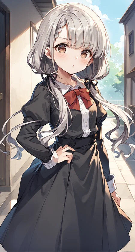 score_9,score_8_up,score_7_up,
official art,official style,game cg,megami magazine,
uncensored,
1girl,
hskwng school,hisakawa nagi,
asymmetrical bangs,bow,bowtie,braid,braided bangs,grey hair,hair ribbon,
juliet sleeves,long hair,long sleeves,puffy sleeves,red bow,red bowtie,ribbon,
twintails,black ribbon,blush,(brown eyes:0.8),collared shirt,
dress shirt,low twintails,shirt,skirt,white shirt,
black jacket,black skirt,black dress,
dress,
eyebrows visible through hair,
standing,
<lora:idolmaster_hisakawa_nagi_pony_v1.1:1>,