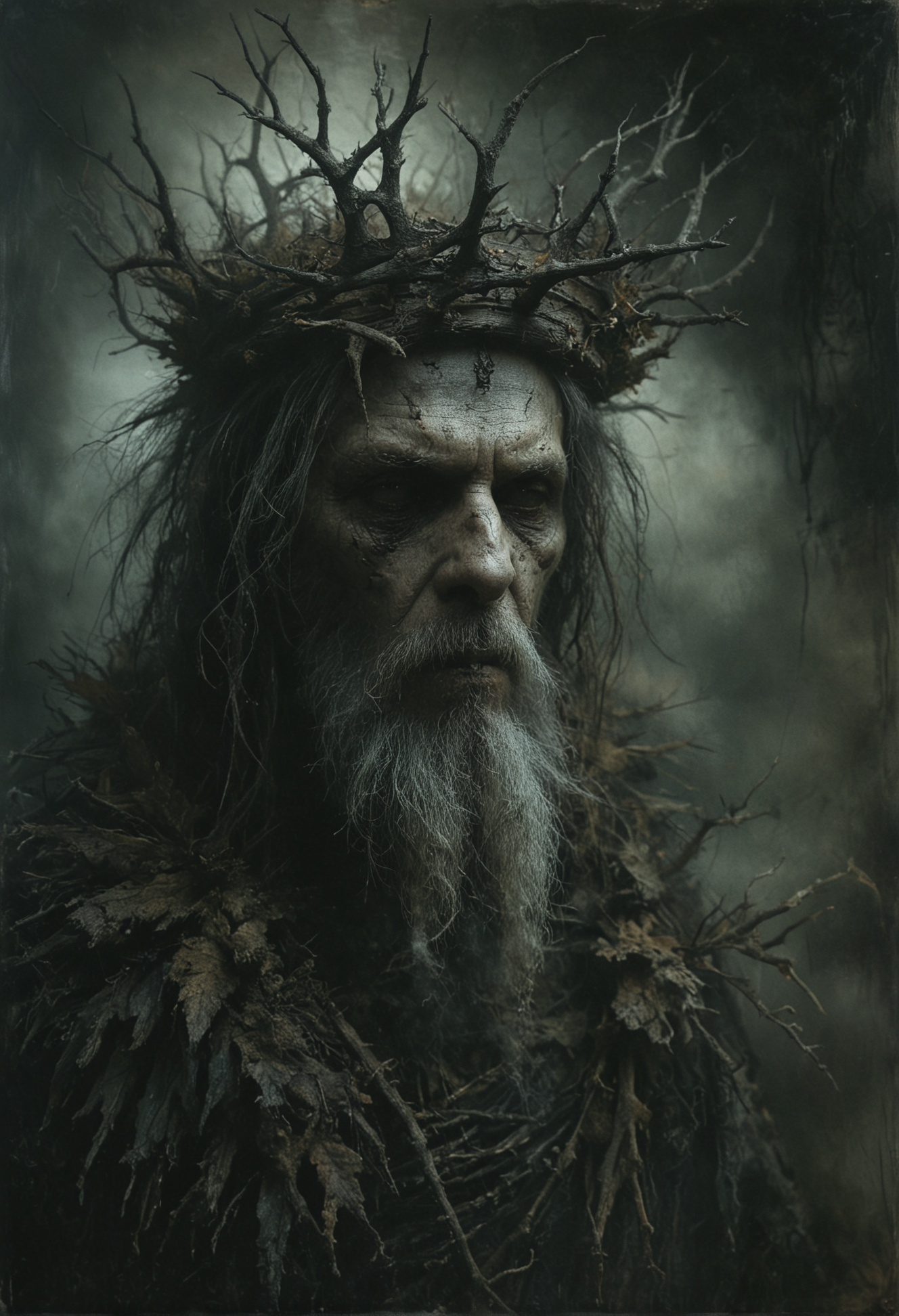 a macabre scene with a lifelike very old and ill king bearing a dark expression, crowned with a jagged, branch-like, thorny crown, partially obscured by mist, all textures suggesting decay and darkness, the kin set against a backdrop of ethereal fog and shadow to enhance its haunting appearance, evoking a sense of solemnity and ancient lore, <lora:NicolaSamori:0.7>, <lora:Desolation:0.3>, <lora:MJ52:0.3>,