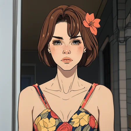 a woman wearing a flower dress