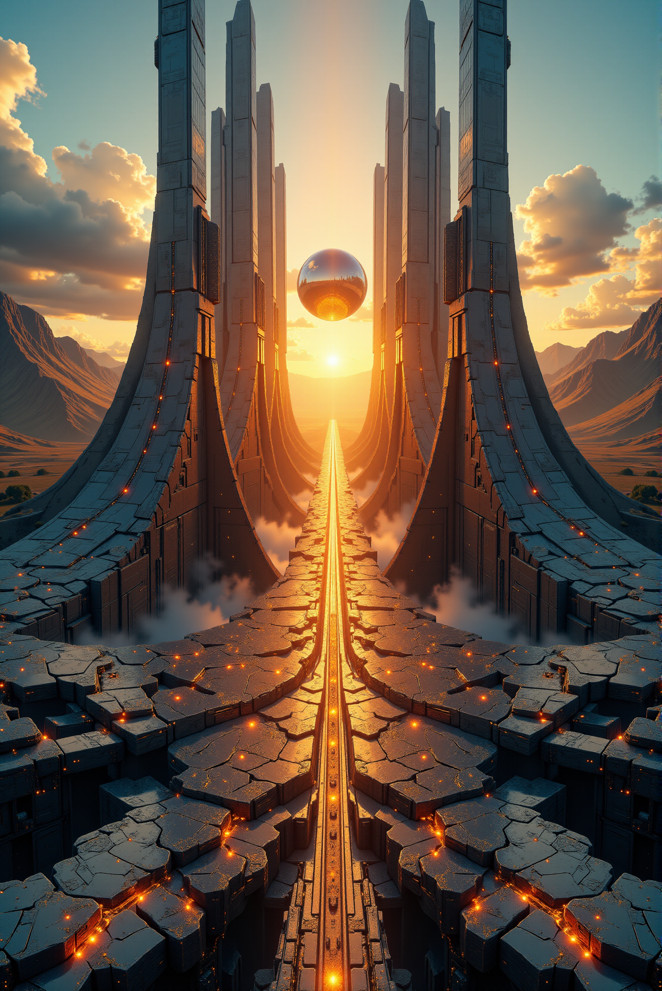 <lora:Legacy_of_the_forerunners_v.2:0.75>
A monumental futuristic structure of surreal proportions rises symmetrically from a vast, geometric expanse, forming a complex and almost divine architectural array centered around a levitating chrome sphere that hovers with immaculate precision. Towering spires arc upward like metallic petals of a colossal flower, their surfaces polished to a dark reflective sheen, converging toward the orb with reverent focus, creating a powerful sense of ritual and mystery. The ground-level plane stretches into a radial network of angular platforms and illuminated pathways, composed of interlocking metallic panels and recessed channels glowing with subtle inner light. Encircled by mountainous silhouettes and bathed in the golden hues of a setting sun, the entire composition radiates an ethereal harmony between nature and monumental engineering. The sphere, reflecting its environment with liquid clarity, appears as both object and observerâfloating effortlessly at the core of a sacred and mechanical cathedral that seems to pulse with latent energy. The visual framing channels strong symmetry and divine geometry, evoking themes of cosmic alignment, transcendence, and futuristic mythos, while the soft atmospheric haze in the distance enhances a dreamlike serenity that contrasts the structureâs formidable scale and precision.