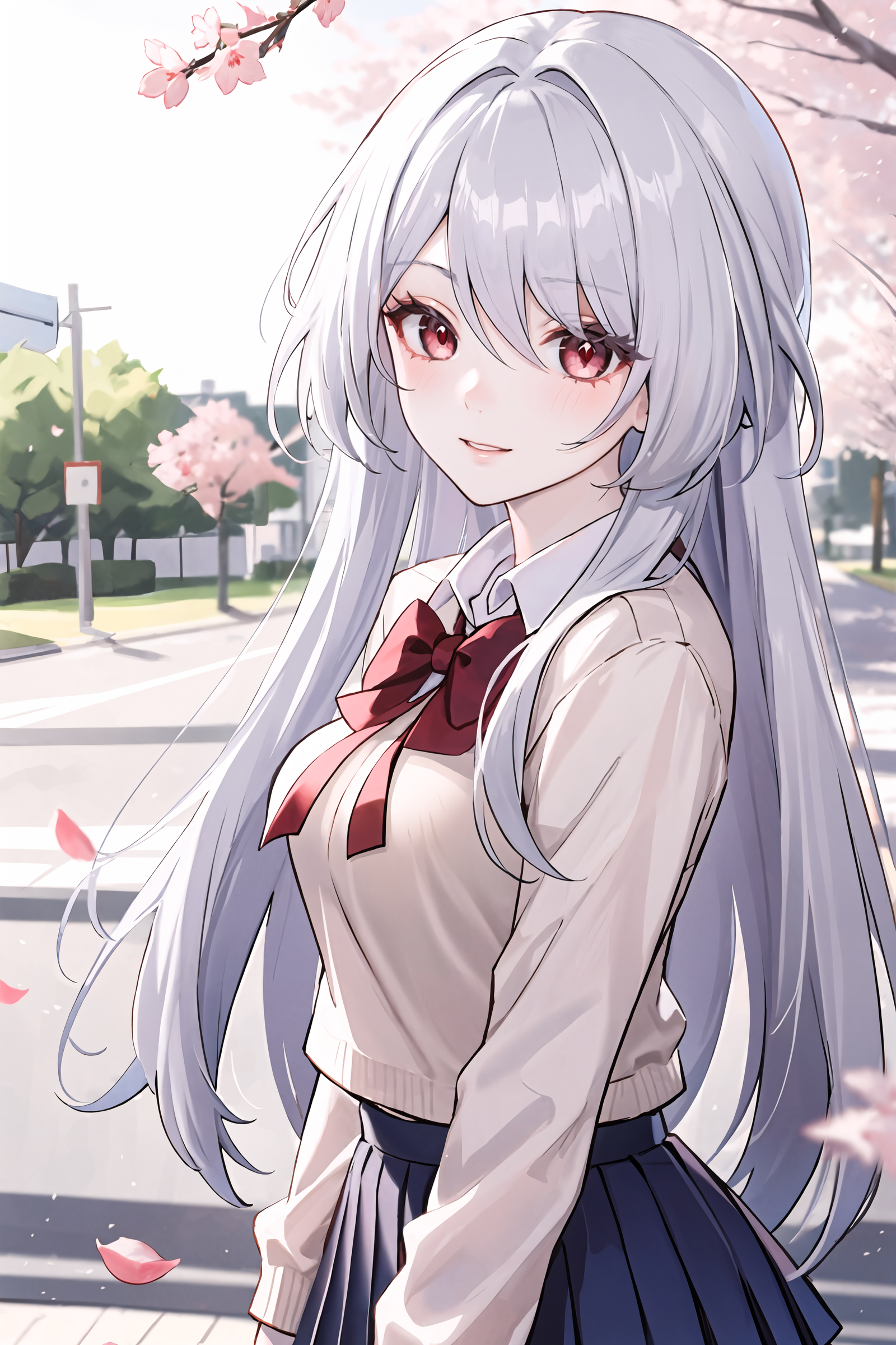 1girl, acheron \(honkai: star rail\), solo, red eyes, silver hair, pale skin, school uniform, white shirt, sweater, pleated skirt, pantyhose, light smile, hand in own hair, looking at viewer, outdoors, street, cherry blossoms, petals, depth of field