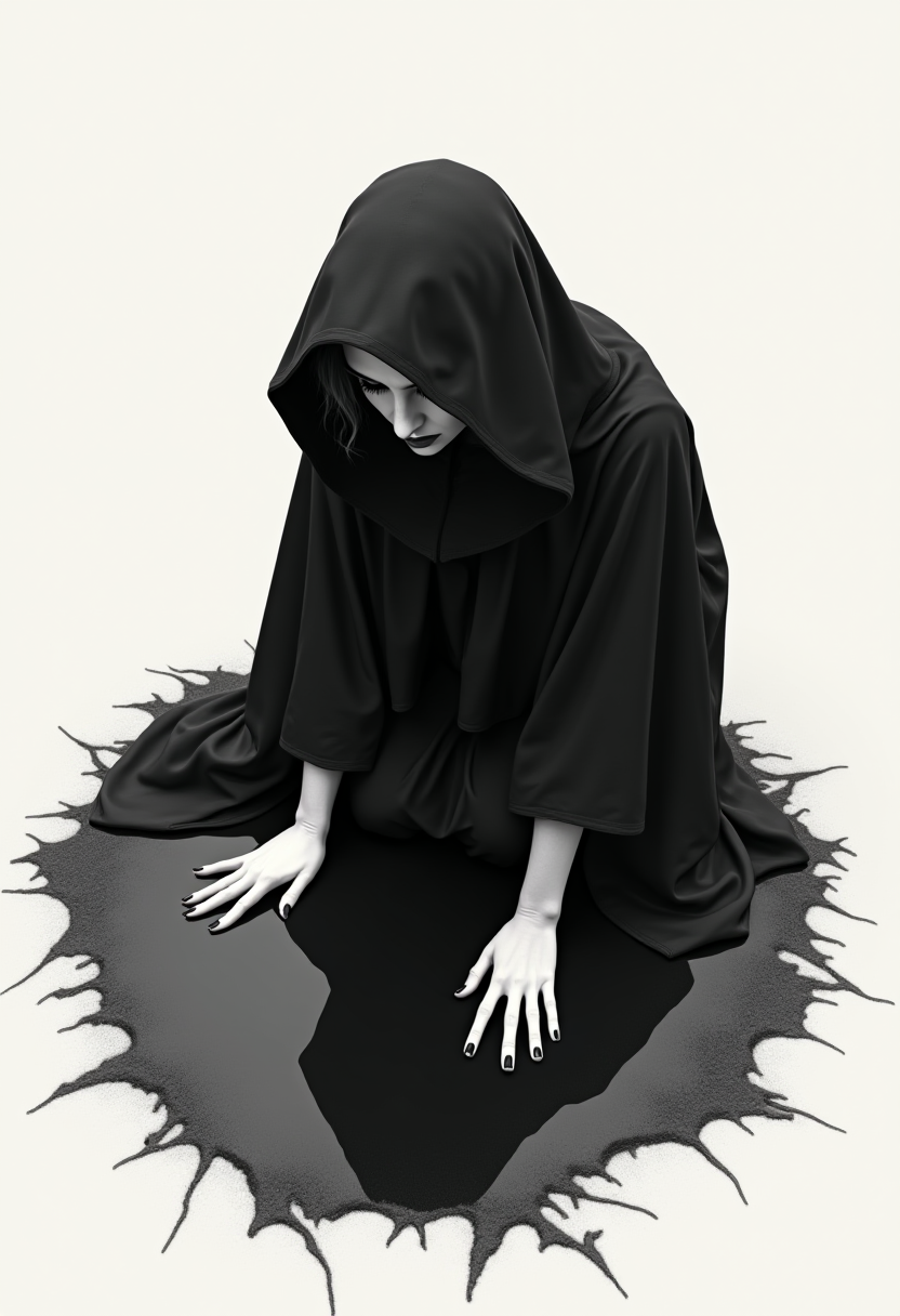 a necromancer on her knees with her hands and head touching the ground, her black cloak spread on the ground around her like a puddle. Minimalism, An art movement focusing on simplicity and reduction, often using geometric shapes and monochrome palettes,