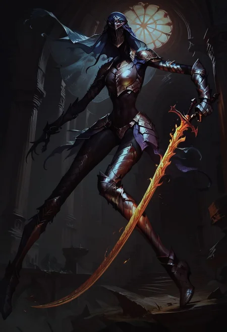 score_9,score_8_up,score_7_up, 1girl, solo, faceless, armor, helmet, veil, gauntlets, boots, colored skin, black skin, slim build, slender arms, slender legs, arial pov, view from the ceiling down, close up, castle background, swinging on the pole, holding, holding sword, flaming sword, concept art, realistic, dark theme, low light,