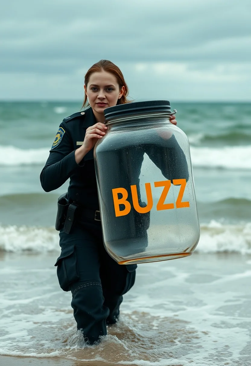 a police woman walking out of the ocean on a cloudy day, dripping wet. She is carrying a gigantic empty jar with the word "BUZZ" on it