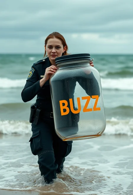 a police woman walking out of the ocean on a cloudy day, dripping wet. She is carrying a gigantic empty jar with the word "BUZZ" on it
