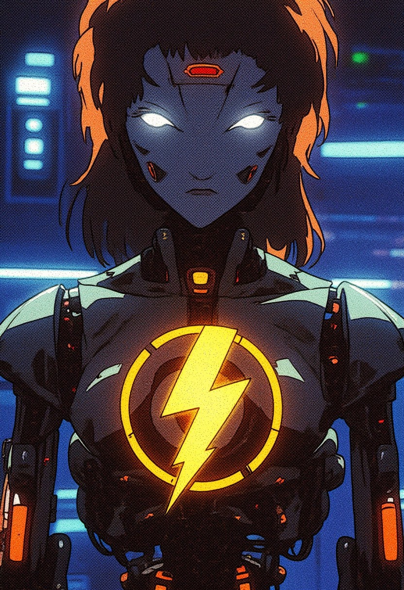 An android with visible mechanical parts that i powered by a yellow lightningbolt symbol in her chest. Text on screen "Buzz Bot"