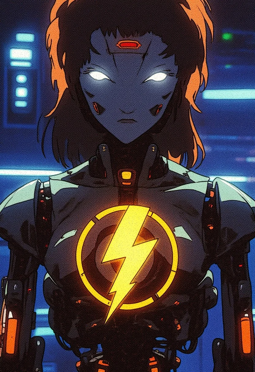 An android with visible mechanical parts that i powered by a yellow lightningbolt symbol in her chest. Text on screen "Buzz Bot"
