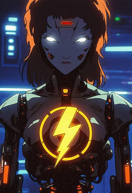 An android with visible mechanical parts that i powered by a yellow lightningbolt symbol in her chest. Text on screen "Buzz Bot"