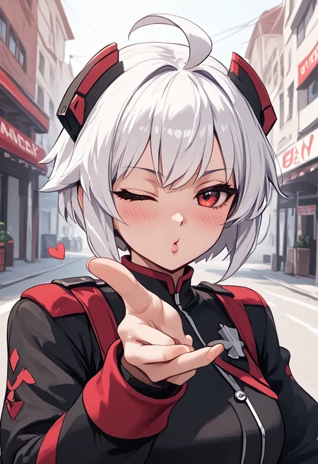 score_4,score_5,score_6,score_7_up,score_8_up,score_9 ((masterpiece,best quality,ultra detailed,highres,HD,4k:1.2)), 
1girl, solo,solo focus,girl focus,face focus,
Copen(GV),white hair, ahoge, short hair,sidelocks,red eyes, dark eyes,head gear,
outdoors,
<lora:blowing-kiss-ponyxl-lora-nochekaiser:1>, blowing kiss, pucked lips, heart, one eye closed, o3o, looking at viewer, hand up,Pouting lips,pointing fingertips towards viewer, blush,shy,Expressionless,Half-closed eyes, squinting, staring,jitome,