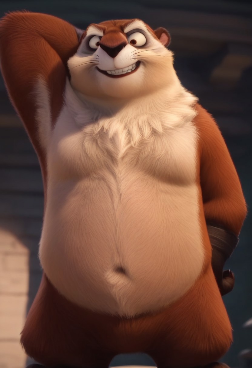 score_9, score_8_up, score_7_up, score_6_up, score_5_up, score_4_up, best quality, absurd, res, hazel eyes, movie accurate, perfect, no humans, full body, animal focus, full body, bald, evil grin, evil eyes, realistic, smirk, looking down to the right, arm up, lifting arm, musky armpit, exposing armpit, front focus, cowboy angle, tail, smug, sadistic eyes, 4K, groundhog, extreme detail, official screenshot, screencap, official, newest, 3D, 1boy, solo, male, brown fur, fat, black nose, broad shoulders, round ears, whiskers, animal, furry, fluffy, short legs, black paws, black feet paws, no humans,