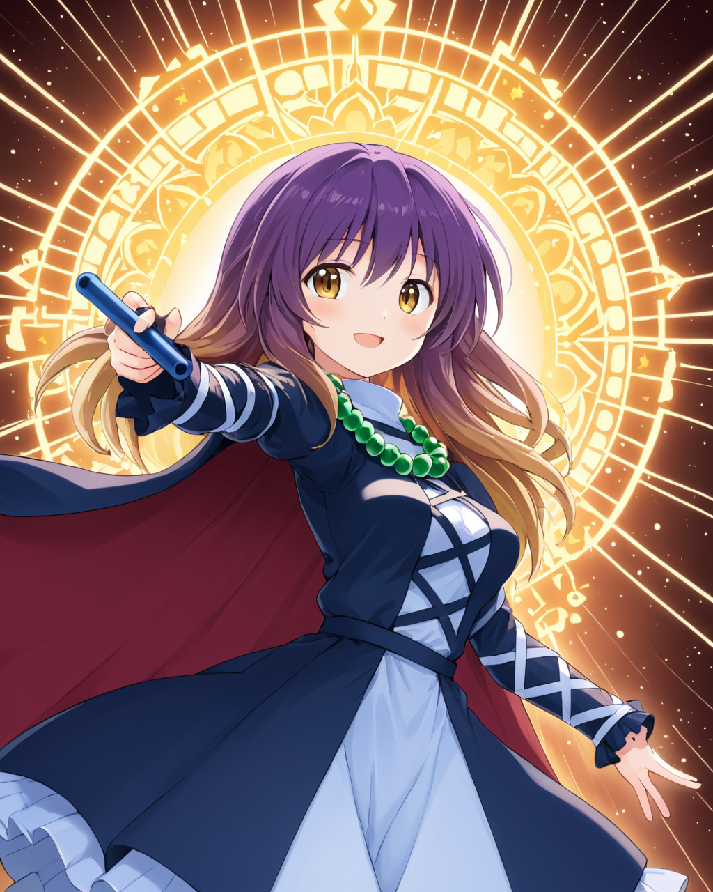 hijiri byakuren,1girl, danmaku, solo, sorcerer's_sutra_scroll, cape, beads, open_mouth, layered_dress, smile
<lora:hijiri_byakuren_image2907_2023-12-20:1>,star-shaped_pupils,symbol-shaped_pupils,. gorgeous,key visual, vibrant, studio anime,award-winning, professional, highly detailed,high budget, cinemascope