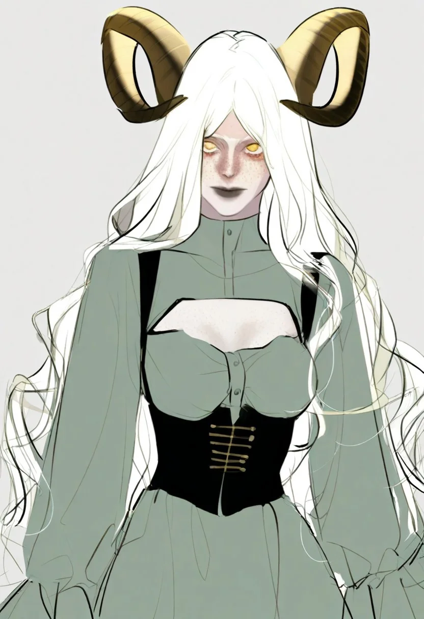 score_9, score_8_up, score_7_up, 1girl, solo, gold twisted ram's horns, freckles, white hair, long hair, long bangs, golden eyes, pale skin, green dress, medium breasts, black underbust corset, breasts cutout, medium shot,
by kp