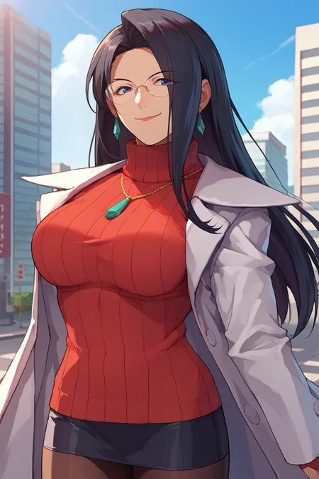 score_9, score_8_up, score_7_up, score_6_up, source_anime, BREAK 1girl, solo,  <lora:mkyouko-pdxl-nvwls-v1-000005:1> mkyouko, black hair, glasses, earrings, necklace, labcoat, red sweater, turtleneck, black miniskirt, pantyhose, big breasts, looking at you, upper body, smirk, happy, blue sky, city