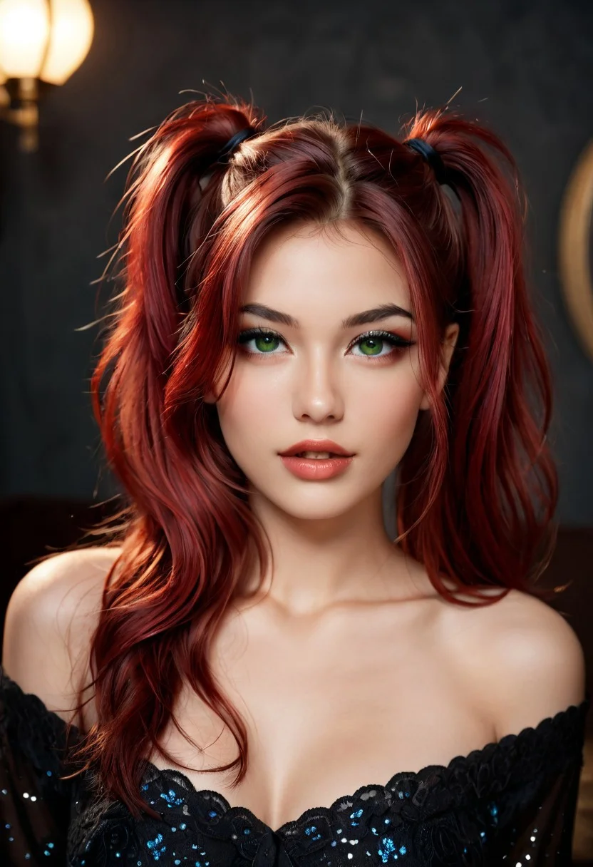 cinematic photo vietnam woman, (to8contrast style), (Close-up portrait), open mouth, 8k RAW photo, highest quality, detailed green eyes, eye reflection, winged eyeliner, (looking at the viewer:1.3), perfect eyes, best shadow, intricate details, interior, (crimson hair:1.3), pigtails, muted colors, high contrast style, glam shot, smoldering, (sultry:1.1), dof, bokeh, intense, languid, tempting, sensual, seductive, longing, yearning, smitten, dark photography studio, minimal lighting, deep shadows, stark contrasts, dramatic highlights, (black backdrop:1.2), dimples, fullness, plumpness, natural blue lips, bold color, alluring, captivating, striking, unforgettable, stunning, breath-taking, timeless beauty. (bare shoulders:1.2), headshot . 35mm photograph, film, bokeh, professional, 4k, highly detailed